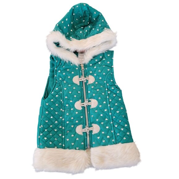 Little Lass Other - Little Lass Girls Hooded Quilted Vest With Faux Fur Trim Size 5 Teal With Heart